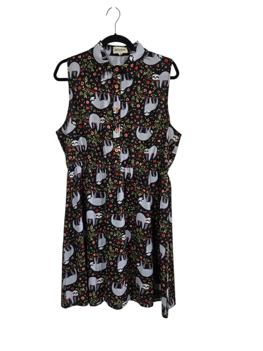 Sloth Print Sleeveless Button Front Elastic Waist Mini Dress Lined XL